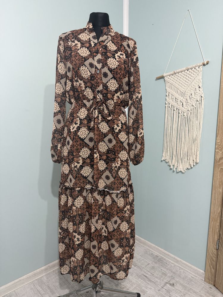 Elegancka sukienka New Collection , brązowa, midi komunia wielkanoc