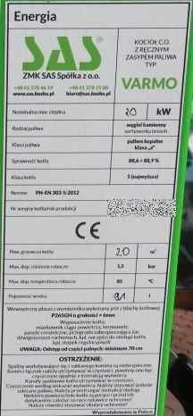 SAS VARMO 20kW 5 klasa kocioł piec do 220m² węgiel orzech miarkownik
