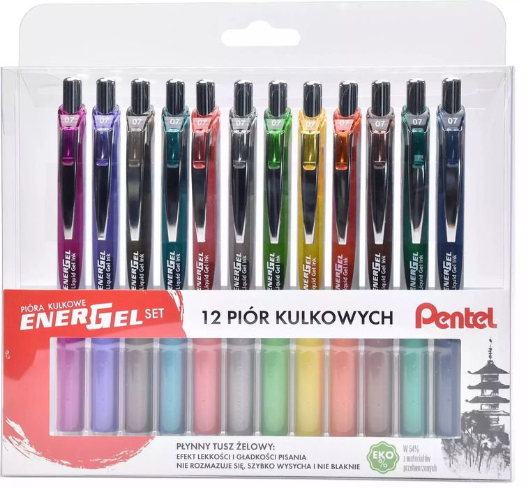 Zestaw piór EnerGel BL77 w etui 12 kolorów. Pentel