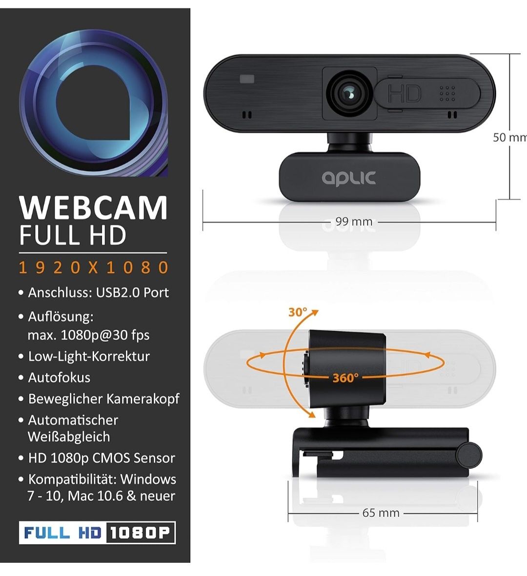 Webcam, kamera internetowa FULL HD  1080 APLIC