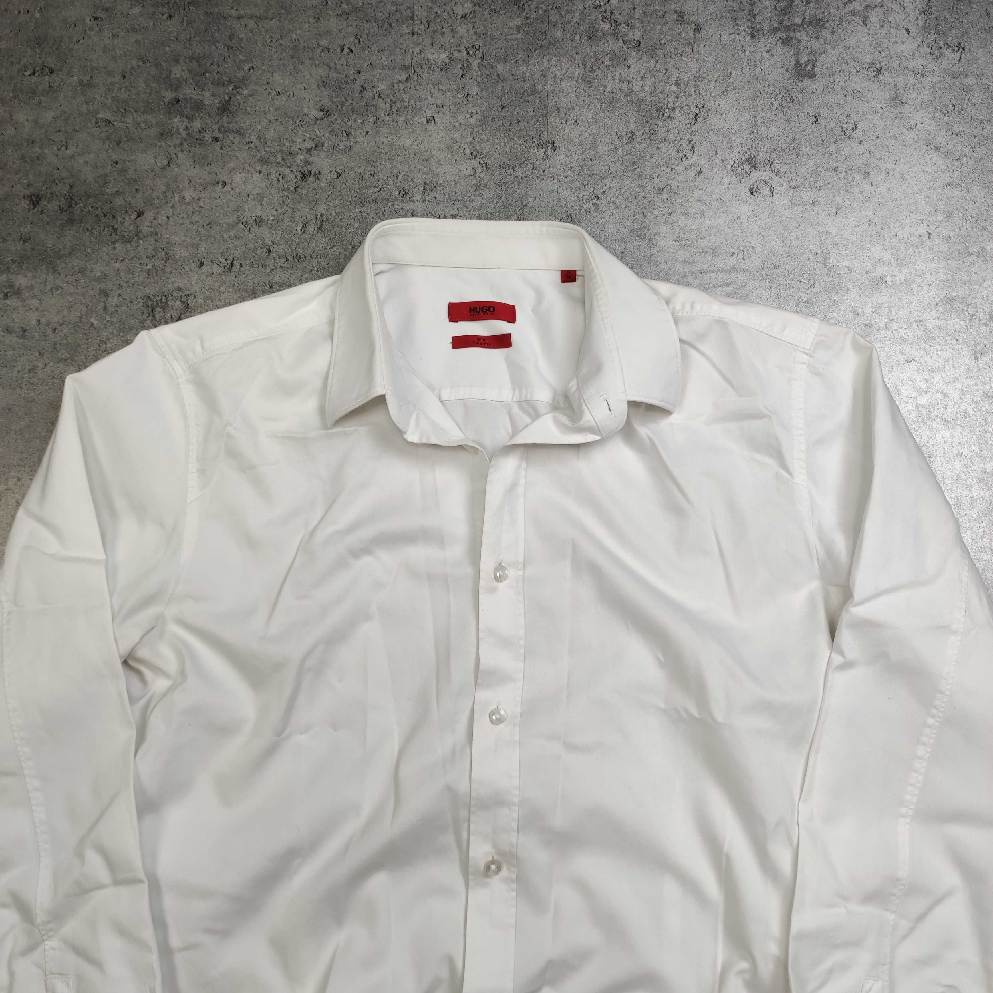 MĘSKA Koszula PREMIUM Elegancka biała Hugo Boss Guziki Garnitur Red