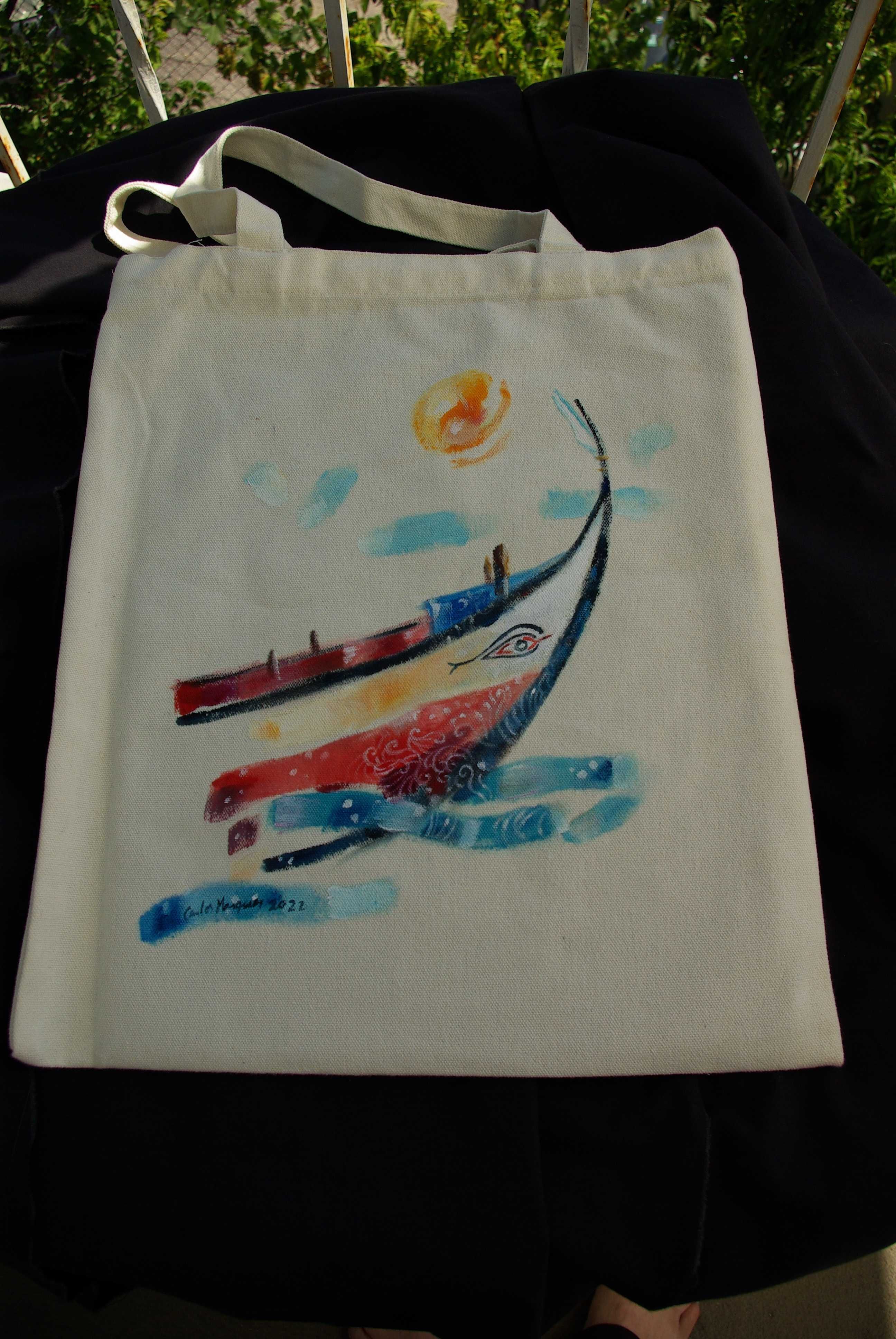 Tote Bag - Saco - Pintado à mão. Barco Costa da Caparica