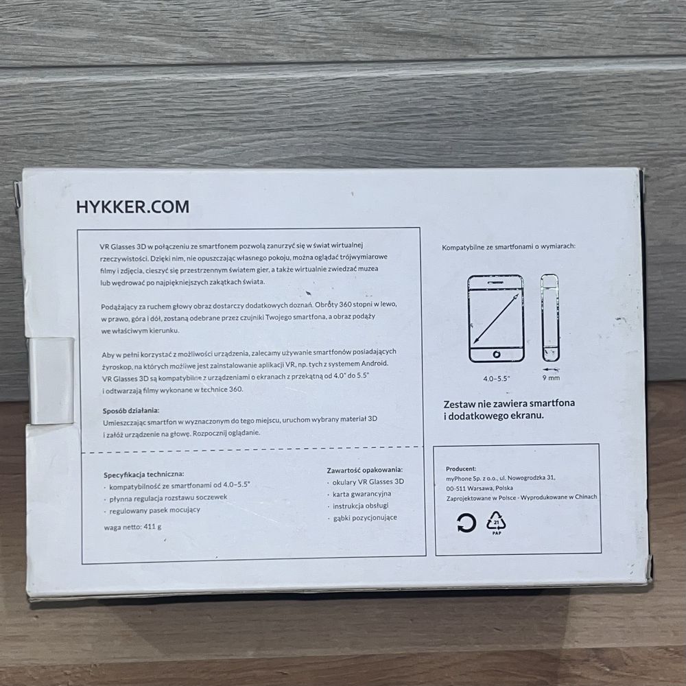 Okulary 3D HYKKER VR białe