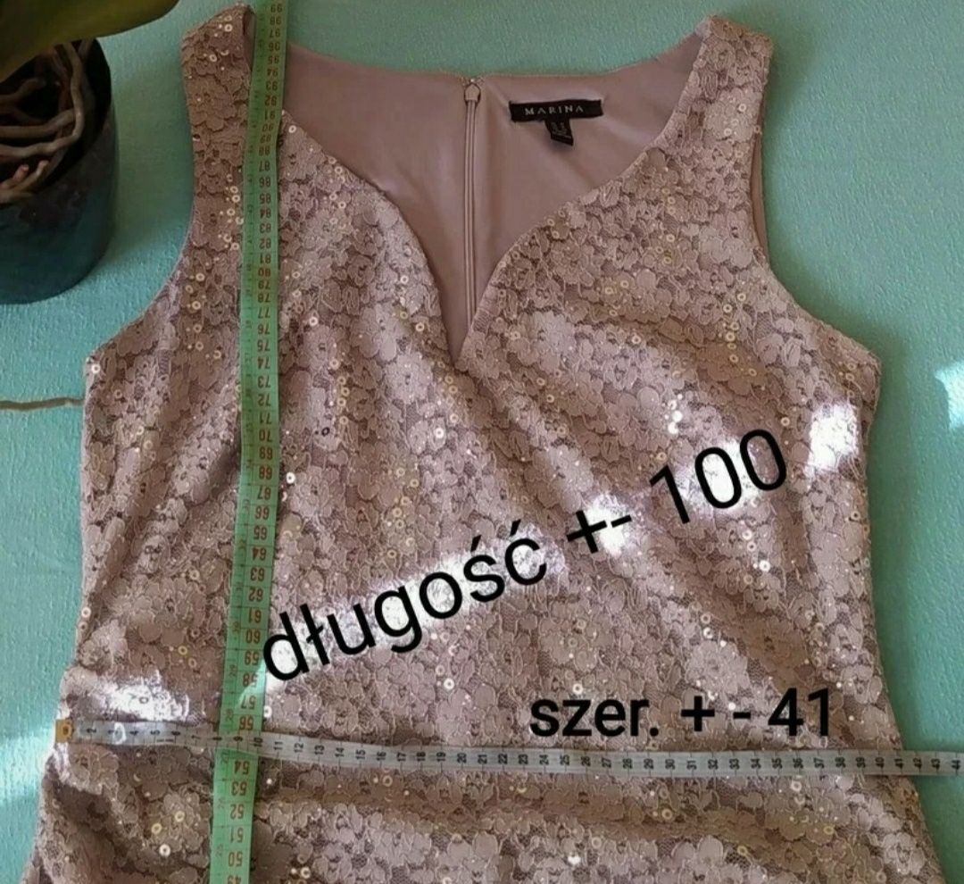 Sukienka Marina 42 XL koronka cekiny dekolt V srebrna tania na Andrzej