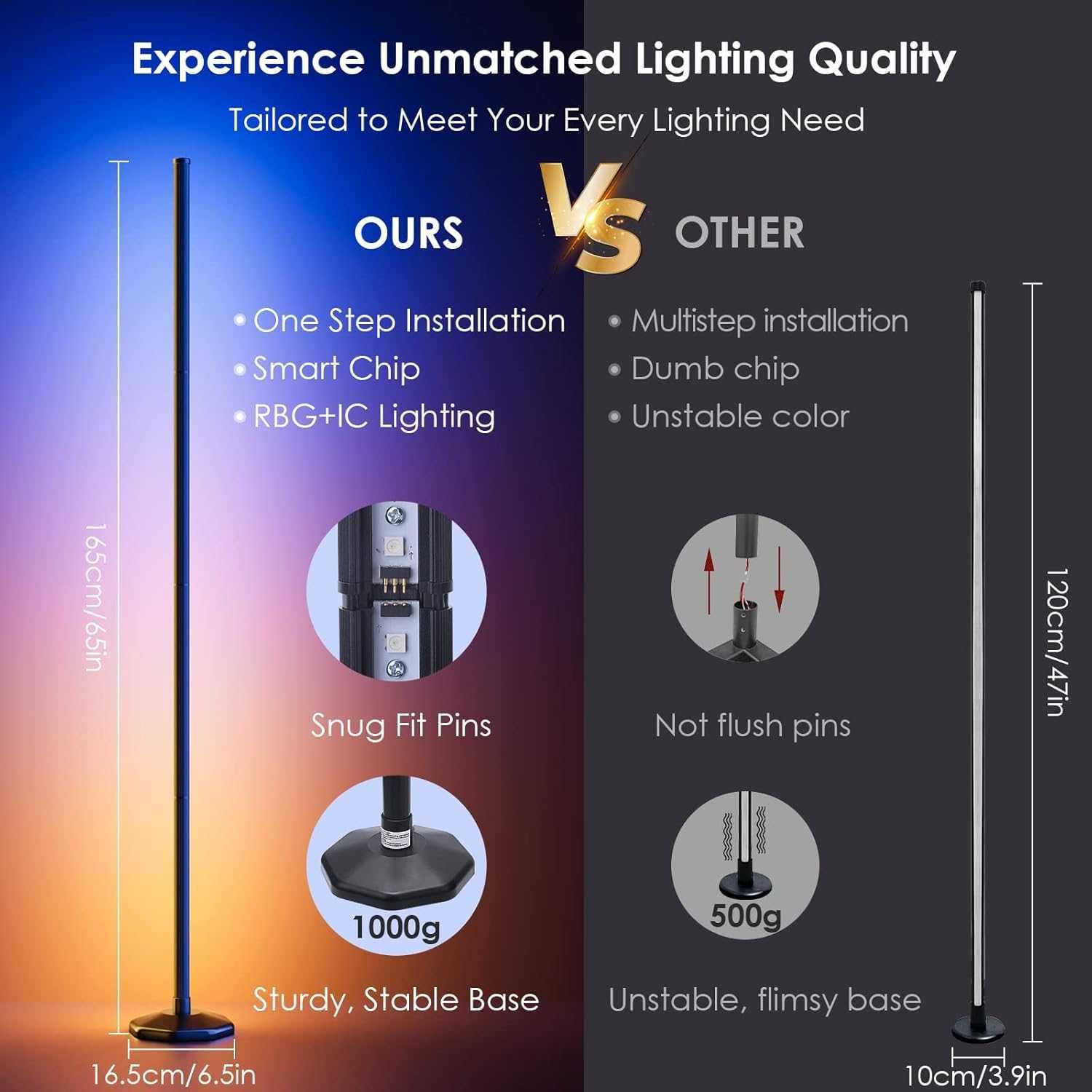 Lampa stojąca RGB LED, 165 cm, ściemniana i zdalnie sterowana