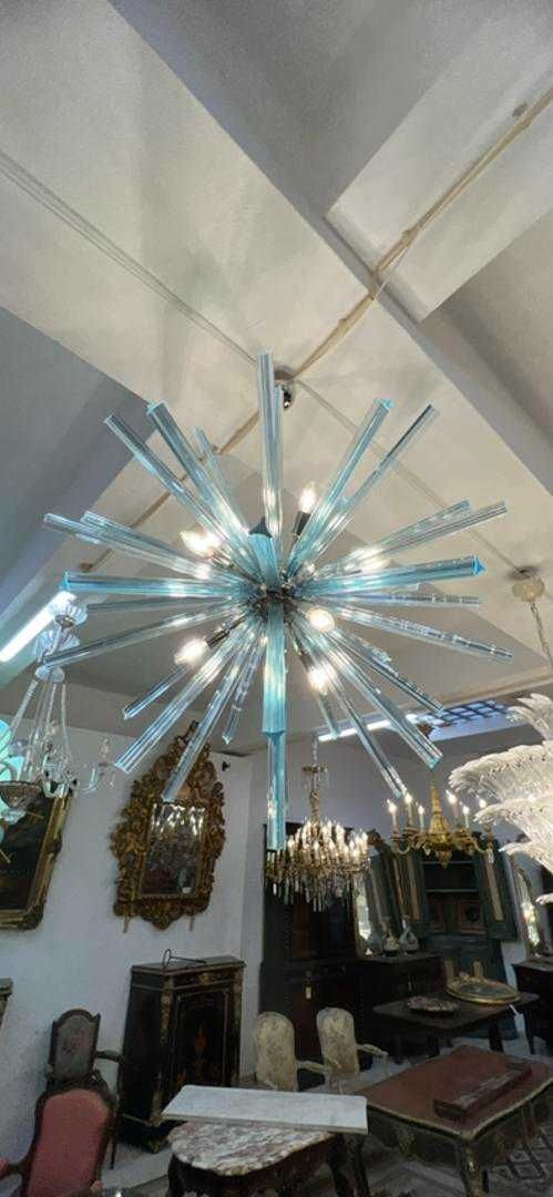 Lustre Sputnik 9 Lumes Vidro Azul e Metal Cromado - Itália Séc. XXI