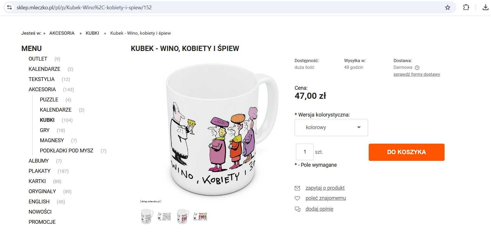 Kubek MLECZKO - Wino, kobiety i śpiew / nowy