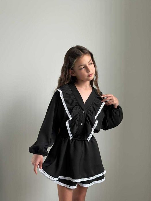 Спідниця - шорти блузка з мережевом для дівчинки підлітка в школу