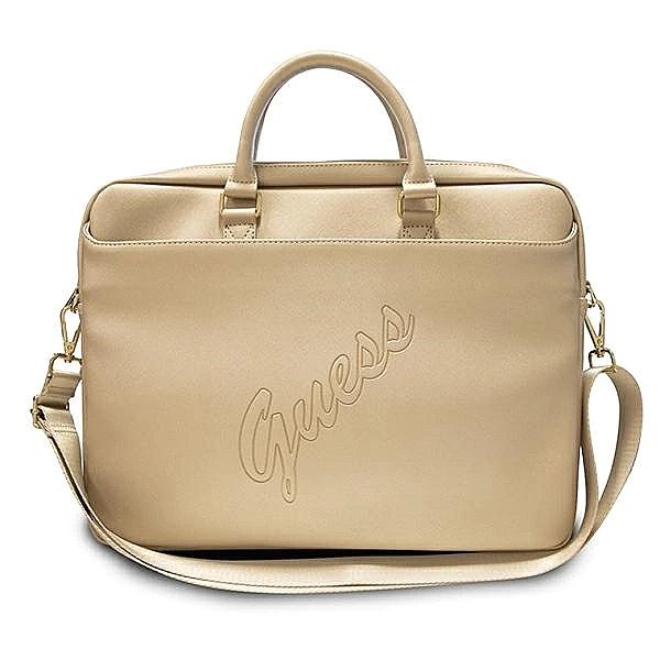 Torba Guess Saffiano Script na laptopa 16" - złota