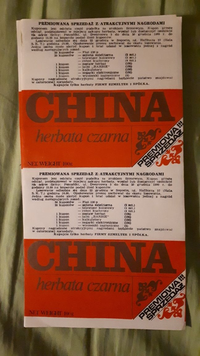 Stara etykieta kupon herbata China PRL