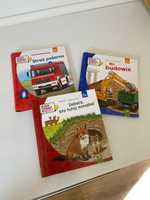 3 książki z okienkami na budowie straż pożarna i w lesie