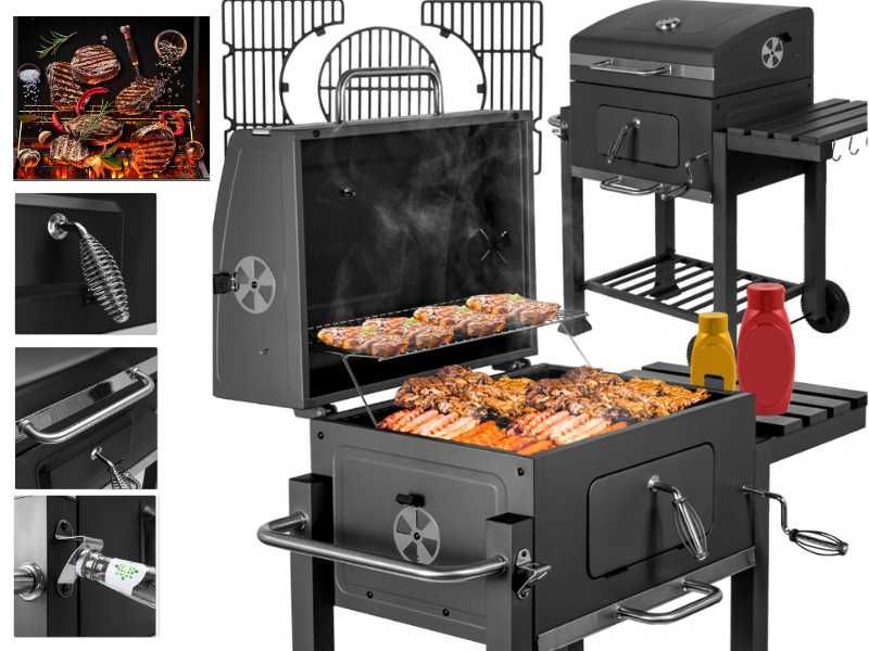 GRILL WĘGLOWY Duży Ogrodowy Pokrywa ŻELIWNY RUSZT Regulowany Półki BBQ
