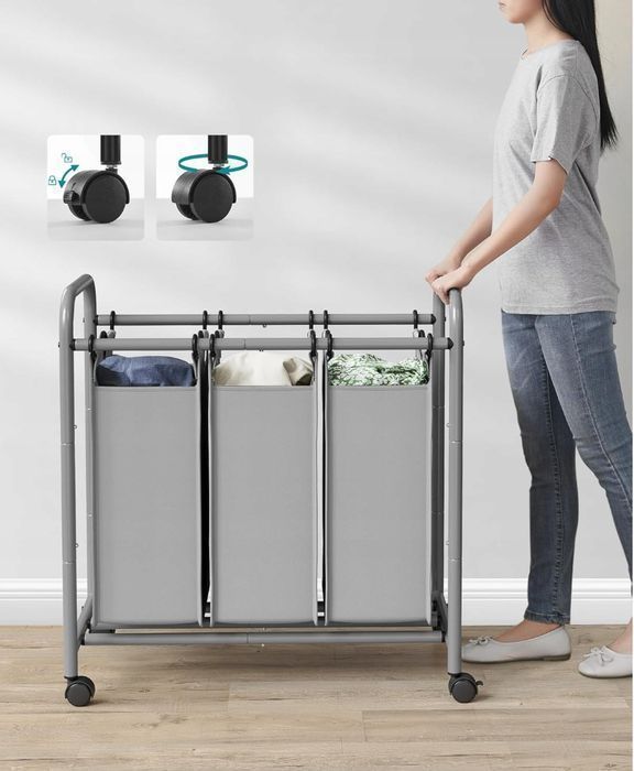 SONGMICS LSF003GS kosz na pranie z 3 przegródkami, z kółkami