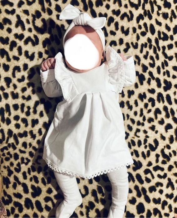 Biała sukienka 62 chrzest chrzciny handmade falbanki opaska na głowe