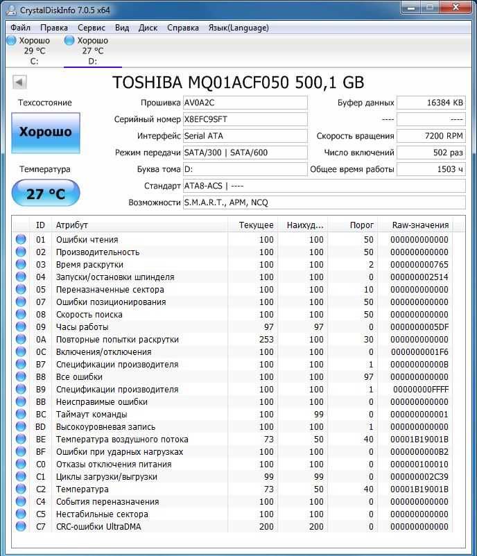 Продам винчестер (HDD) для ноутбука 500ГБ TOSHIBA MQ01ACF050