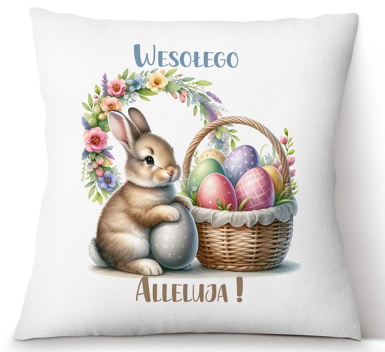 Wielkanocna Poduszka z Motywem Króliczka i Pisanek, Wielkanoc Zajączek