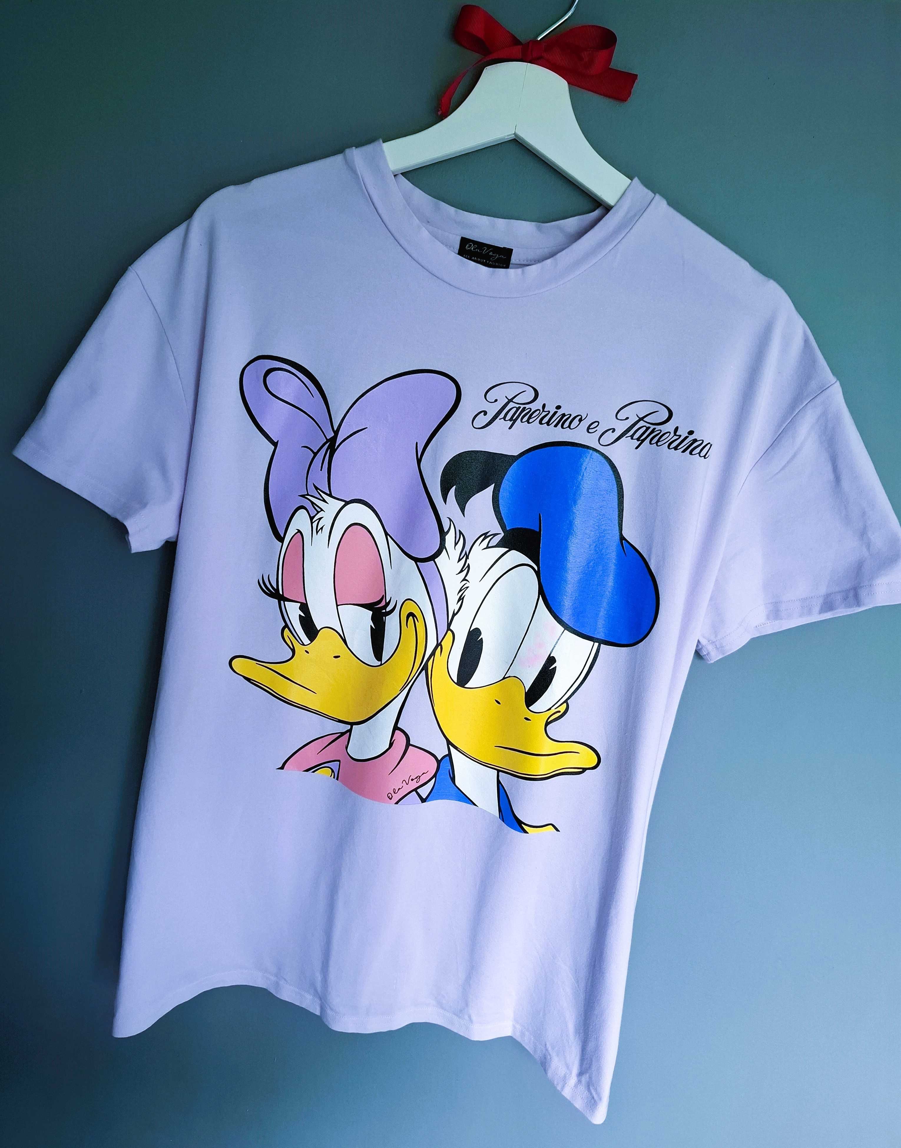 O'la Voga liliowy t-shirt duży nadruk kaczor donald