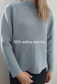 Niebieski sweter,50% wełny merino