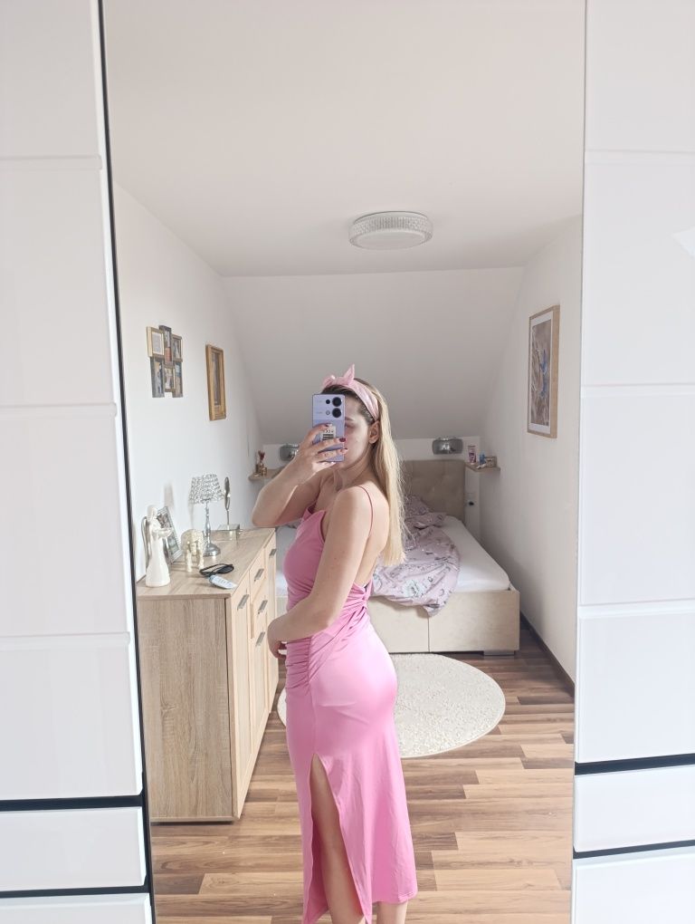Sukienka z rozcięciem marszczona letnia MIDI koktajlowa sexy s m