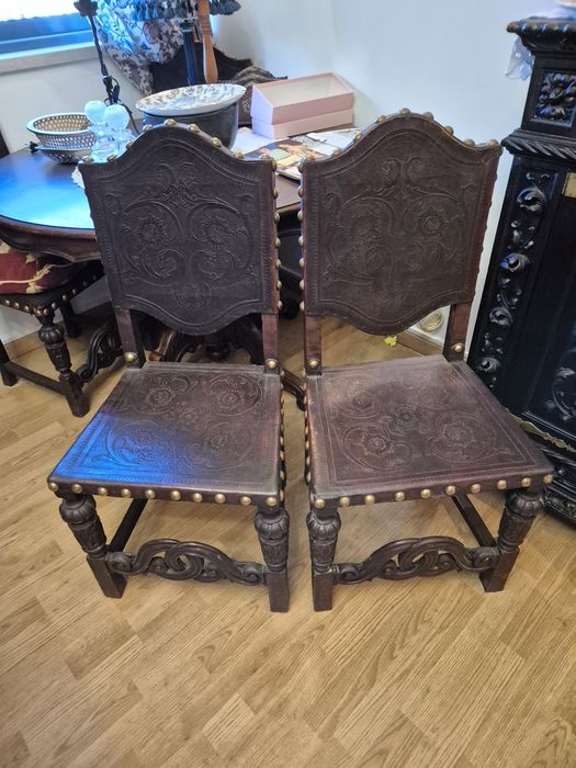 Conjunto 4 cadeiras madeira maciça e couro