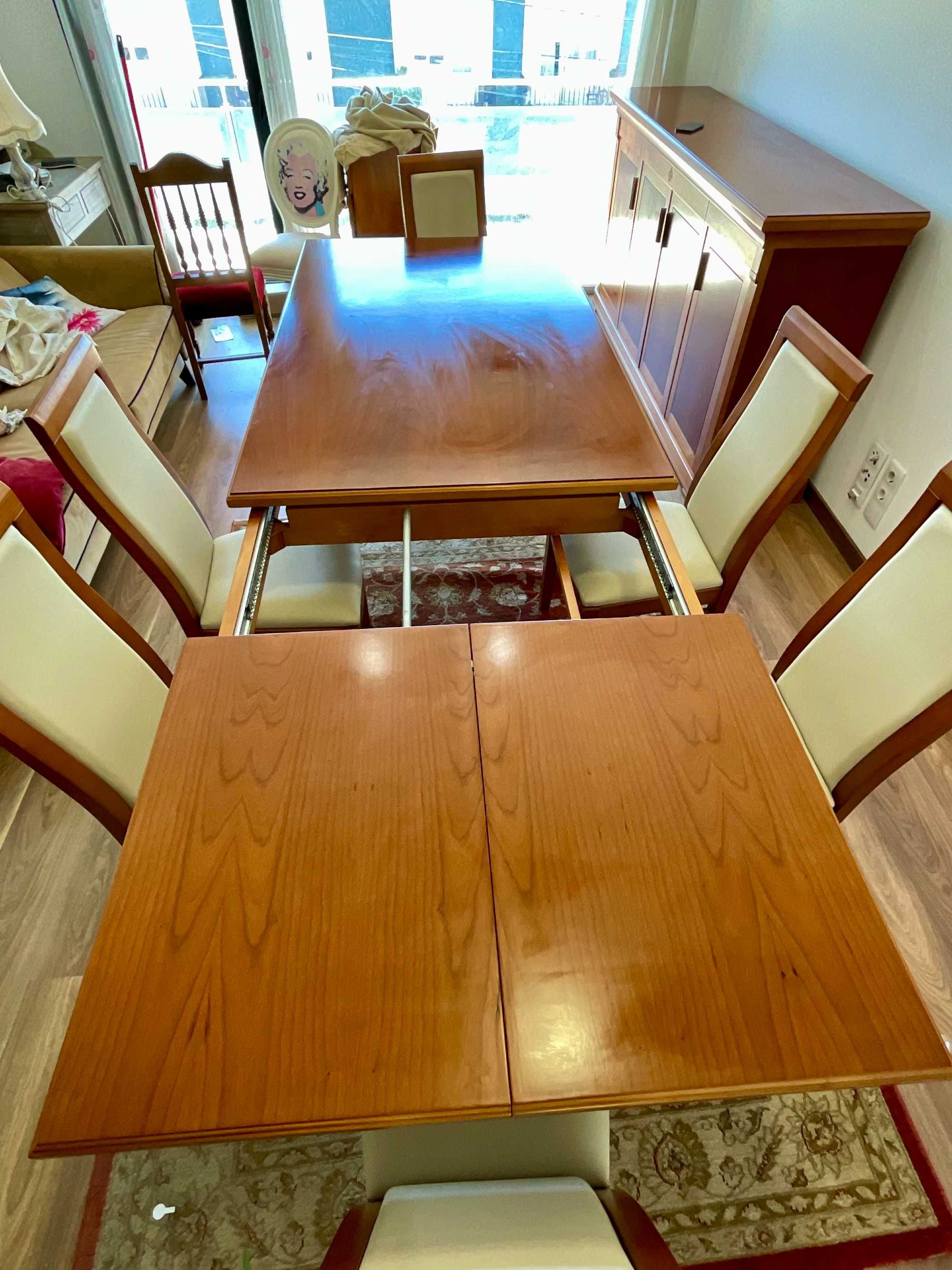 Mesa de jantar extensível em madeira  de cerejeira 6 cadeiras - Ourém