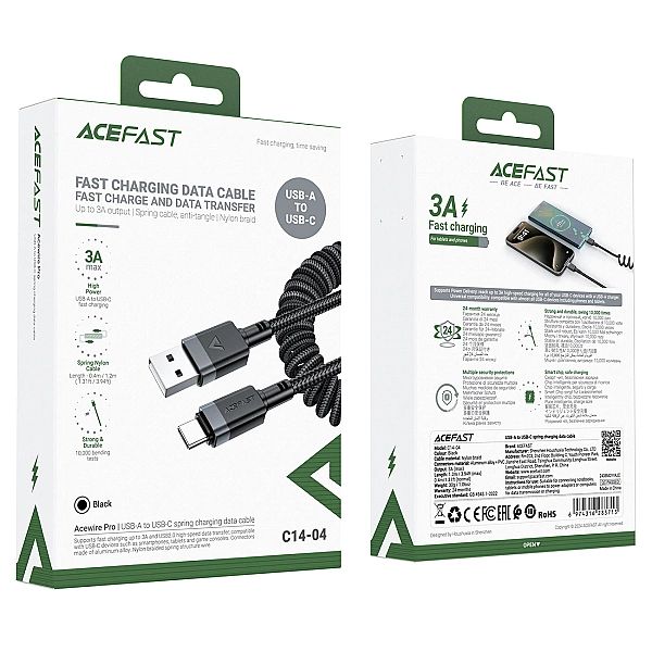 Kabel Acefast C14-04 USB-A - USB-C sprężynowy 480Mb/s 3A 1.2m - czarny