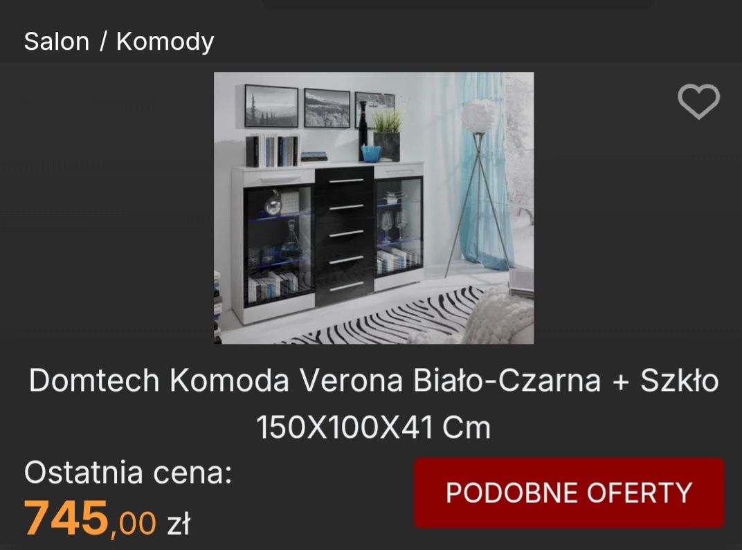 Komoda biało-czarna z oświetleniem i półkami szklanymi. Dobra cena !