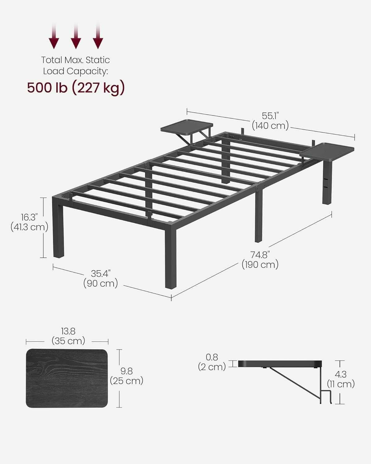 metalowa rama łóżka z półkami łóżko czarne 90x190 cm loft stelaż