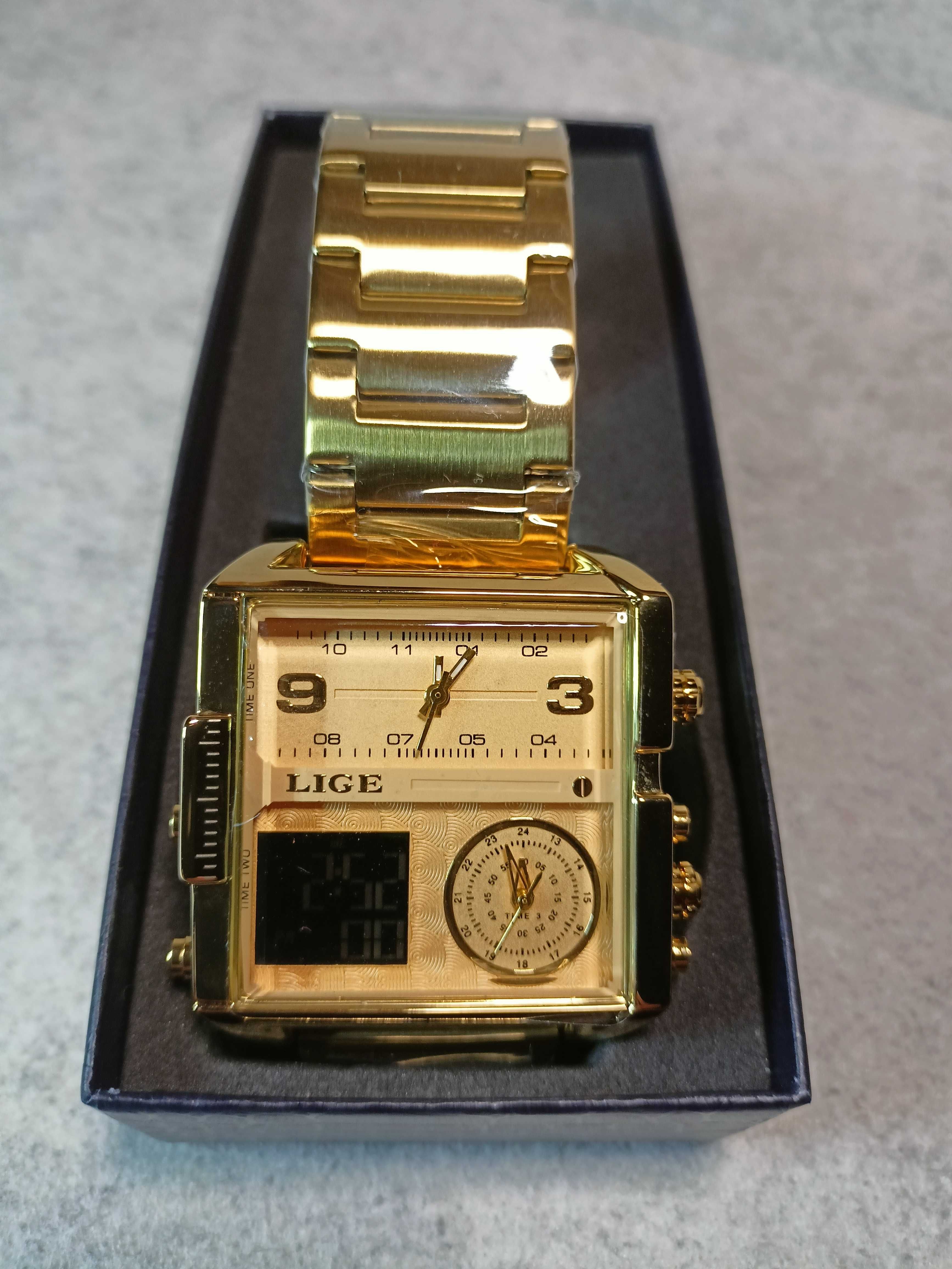 Złoty zegarek męski kwadrat. 2 tarcze analogowe + zegar cyfrowy.