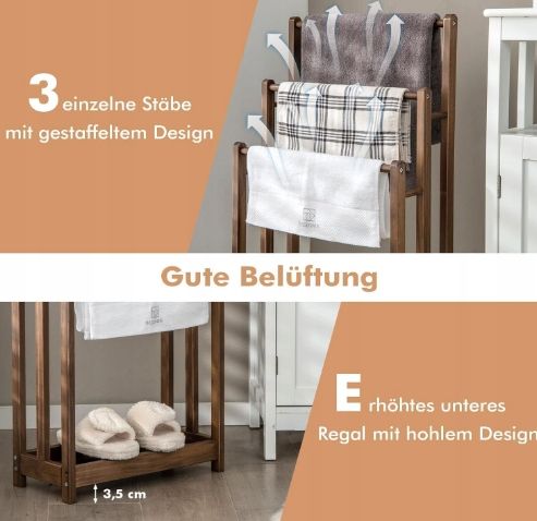 Drewniany wieszak na ręczniki COSTWAY 3-poziomowy z półką