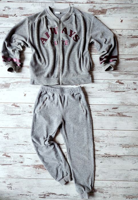 Zara, szary welurowy dres, komplet, bluza na suwak i spodnie r. 134