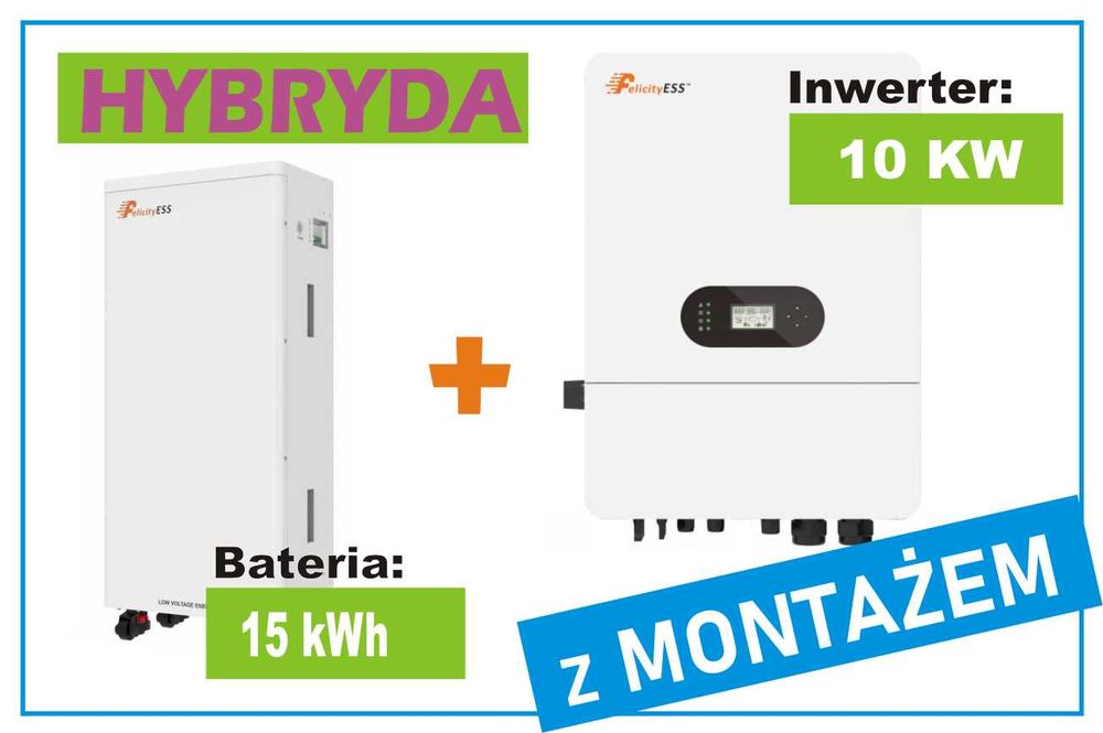Zestaw, Inwerter hybrydowy 10KW + Magazyn energii 15KWh z Montażem