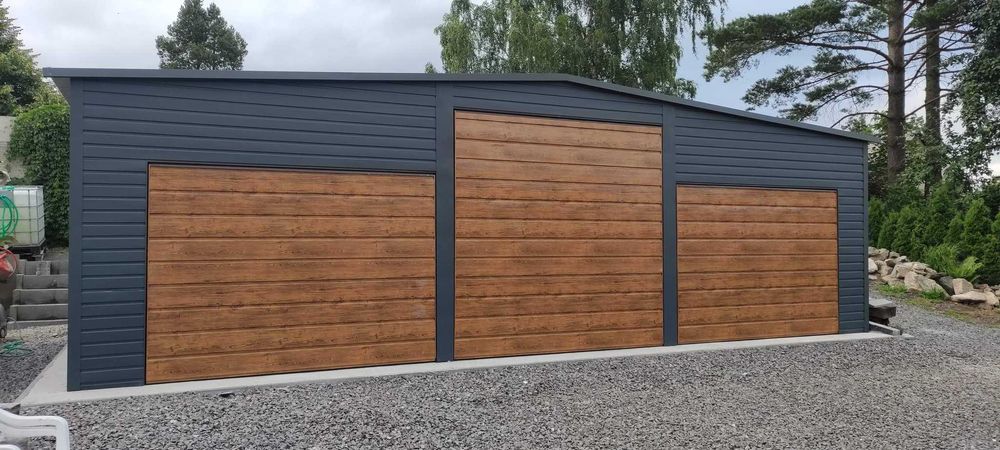 Garaże blaszki wiaty hale garaz 11x8 grafit mat bramy złoty dąb