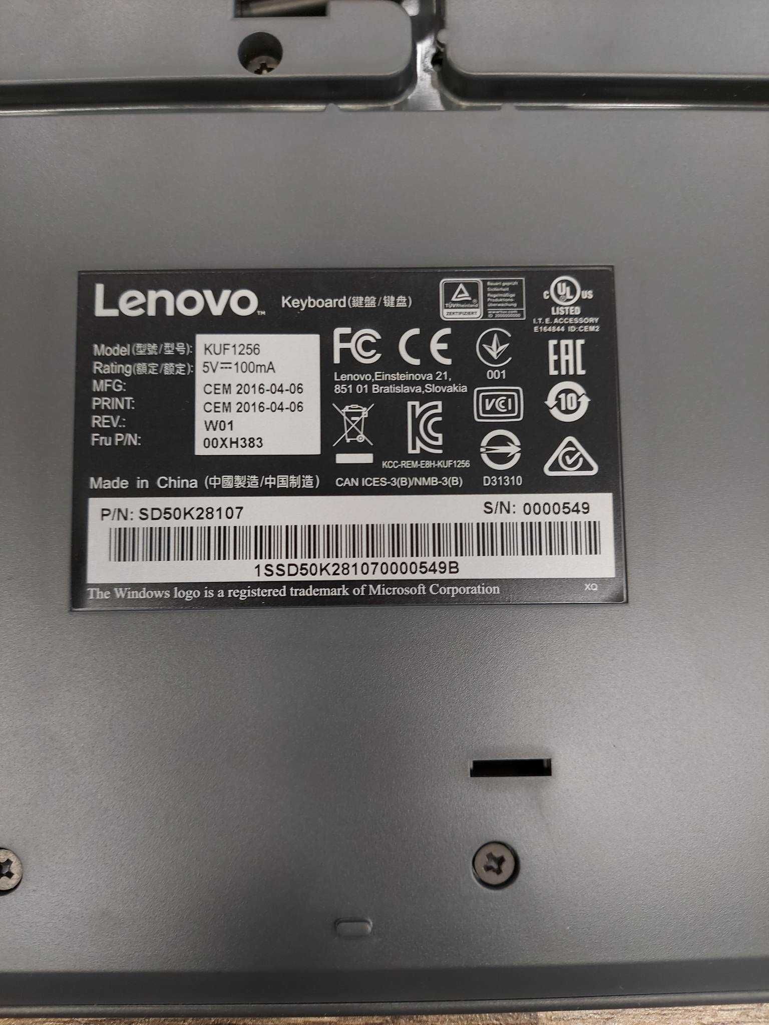 Klawiatura przewodowa Lenovo KUF1256 czarna nowa na gwarancji