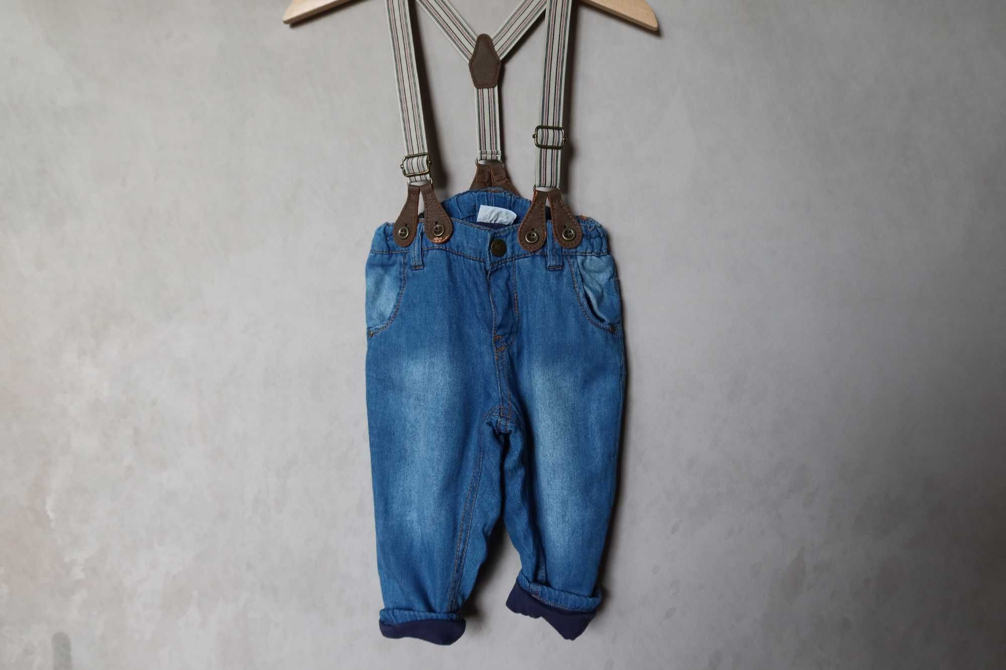 Spodnie 74 lindex jeansy na szelkach z podszewką dżinsy miękkie