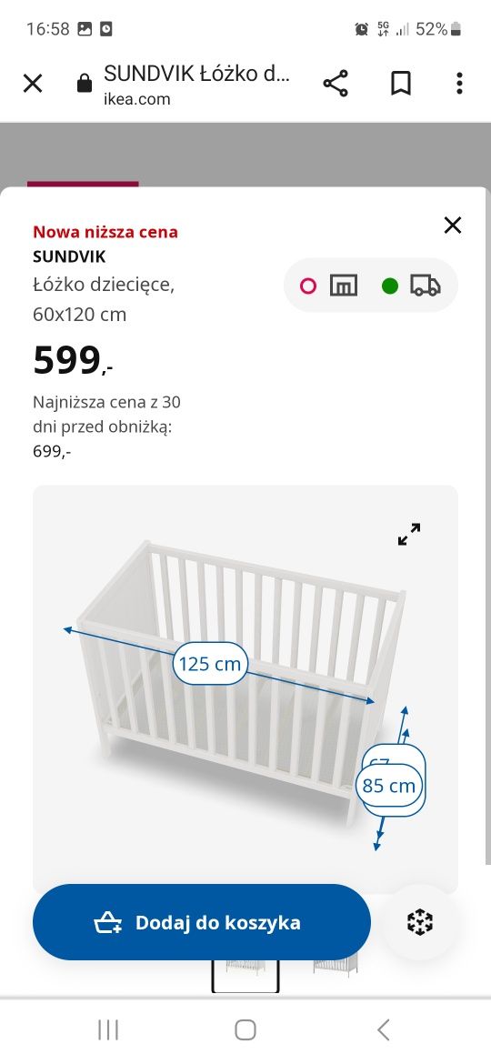 Łóżeczko Ikea białe Sundvik plus materac