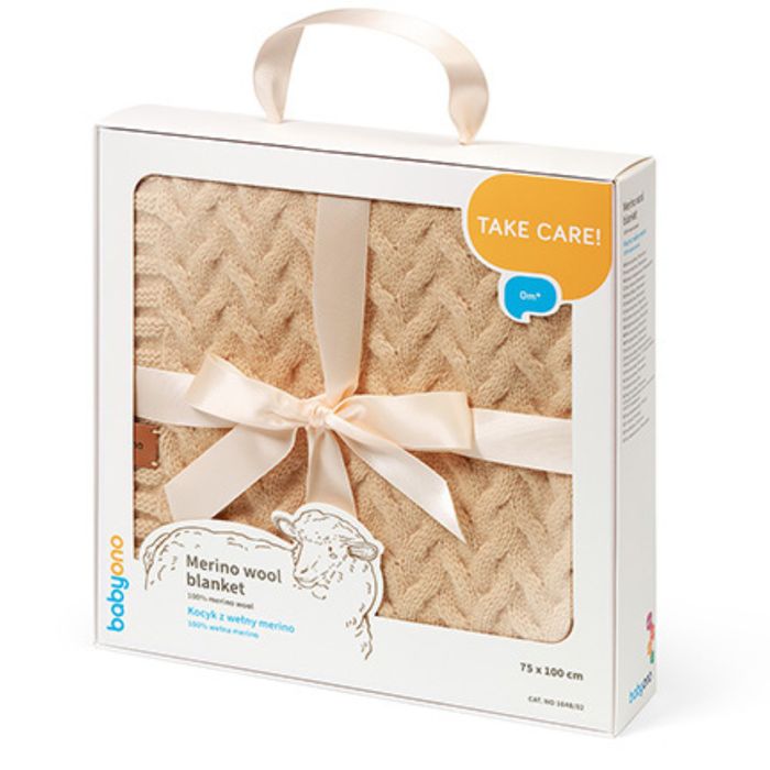 Kocyk z WEŁNY MERINO dla niemowląt 100x75 beżowy NA PREZENT babyshower