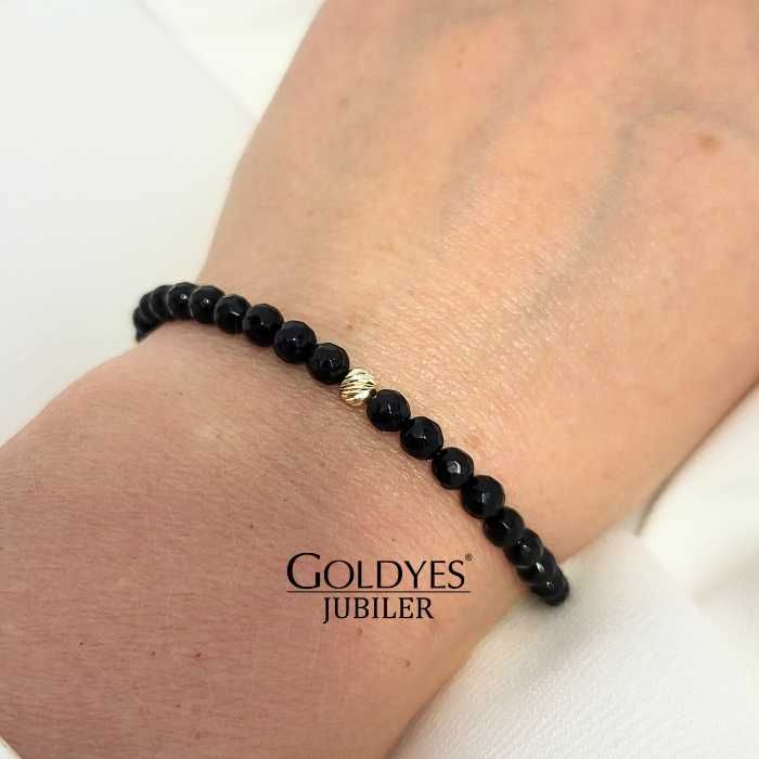 złota bransoletka na czarnym sznurku czarny turmalin 585 ZŁOTE KULKI