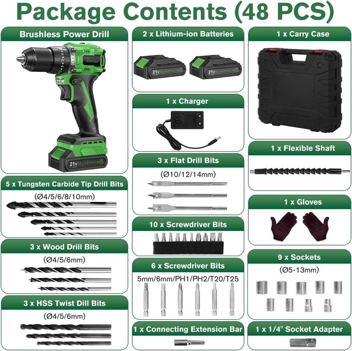 Ginour 21V Bezszczotkowa wkrętarka z 2 akumulatorami, 47 akcesoriów