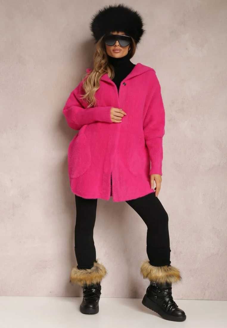 Женское модное пальто-кардиган альпака с капюшоном. Цвет фуксия. 48-50