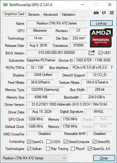Radeon RX 470 Sapphire Nitro: 4 GB GDDR5 256b, DX12, 8 pin, HDMI*1