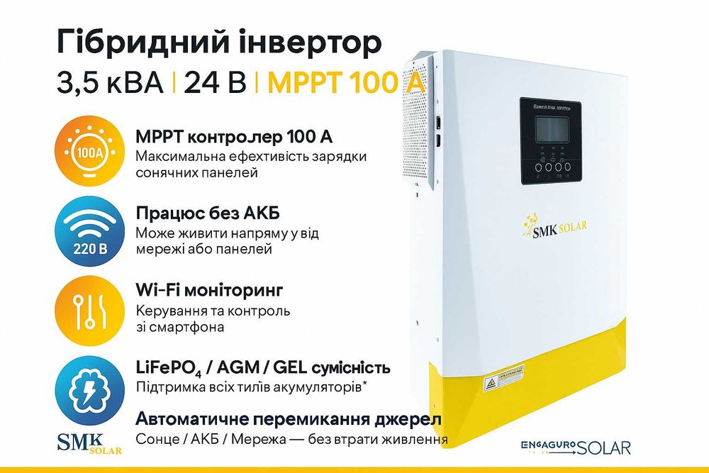 Комплект Інвертор SMKSolar 3.5 кВт+АКБ LiFePO4 100Ah 25.6В. Синусоїда!