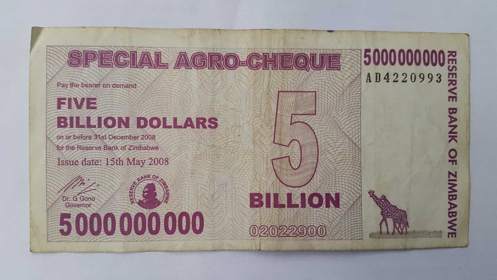 5 и 50 миллиардов млрд долларов Зимбабве (2 банкноты)