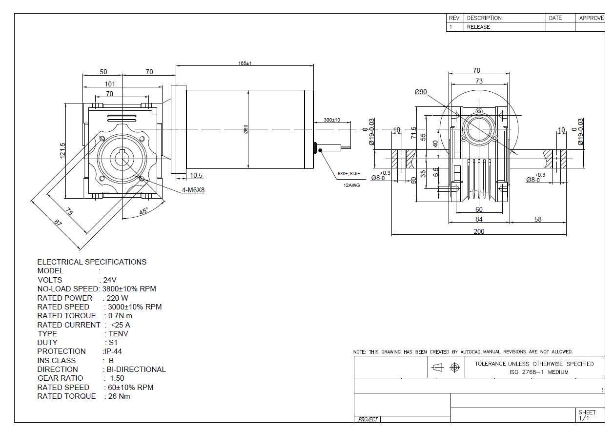 Silnik Elektryczny 24V 220W z przekładnią 60Obr/Min 26Nm