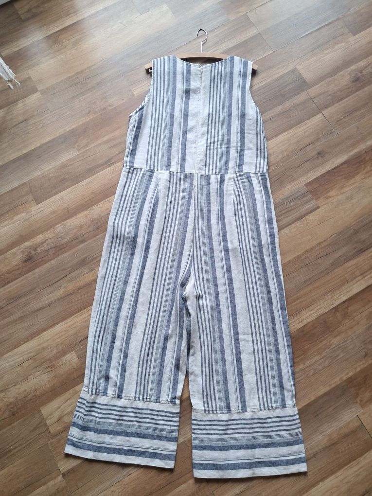 Kombinezon lniany kremowy w paski XXL plus size kuloty len wiskoza 46