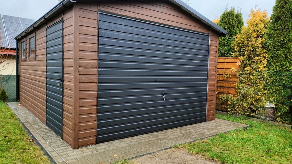 Garaż blaszany drewnopodobny 3,5x5 m, blachodachówka,rynny,okna, drzwi