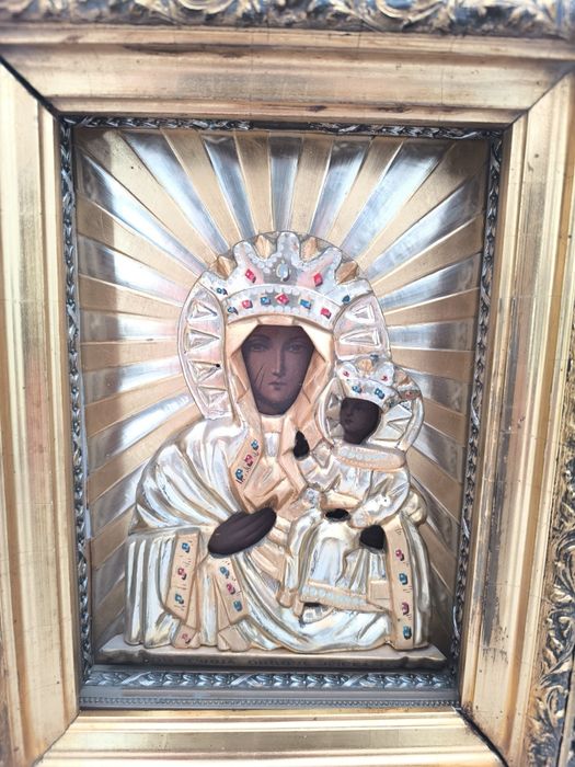 Piękna stara oryginalna XIX wieczna ikona Matki boskiej częstochowskie