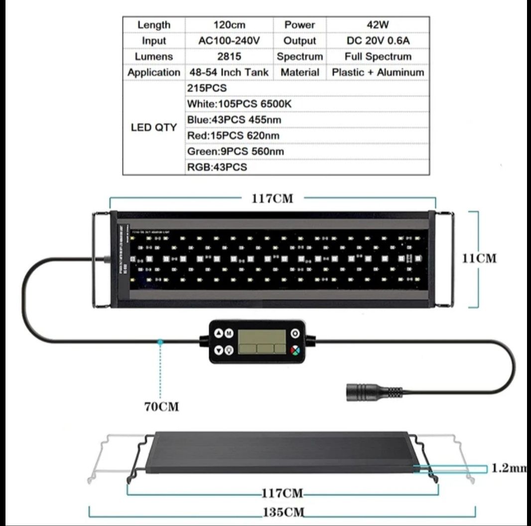 luz/iluminação led 120cm aquário plantados com programação 120/150cm