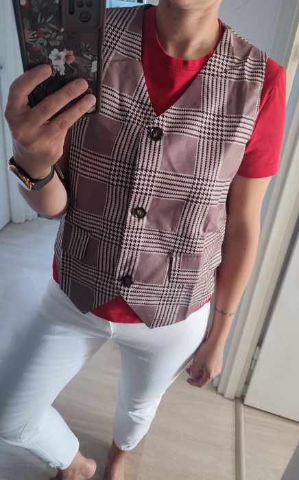 Elegancka damska garniturowa kamizelka w kratę 40/42 jesień biuro