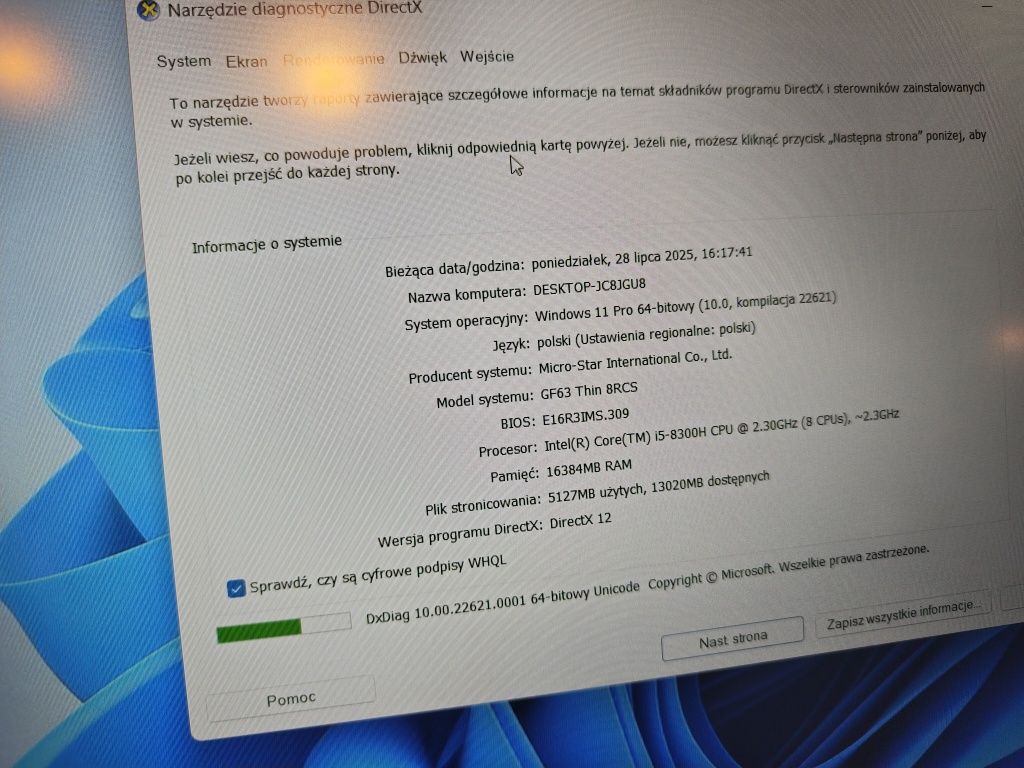 Laptop gamingowy MSi MS-16R3 i5 16/256SSD GTX1050